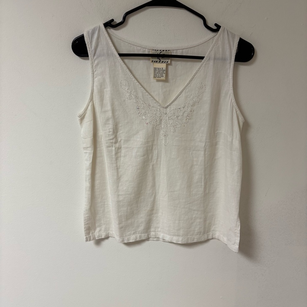 White Embroidered Womens Linen Tank Top Small - Picture 5 of 11